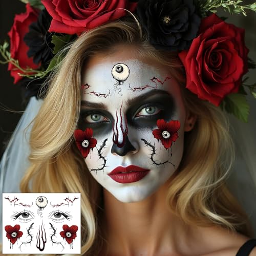 Konsait Halloween Face Tattoos, 8 Sheets Spider Web Fake Makeup Decals