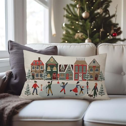 Holiday Throw Pillow Cover 12x20 - Village House Ice Skating