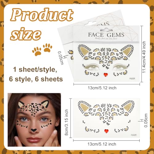 OLYCRAFT Crystal Cat Face Jewels - 6 Sheets Leopard Rhinestone Stickers