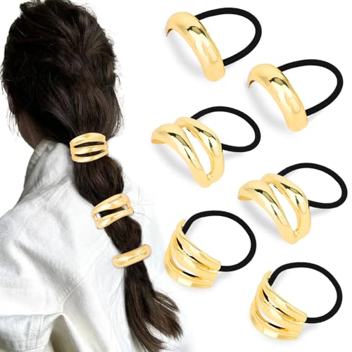 CURASA Metal Hair Cuffs 6PCS Gold Geometric Ponytail Hair Ties