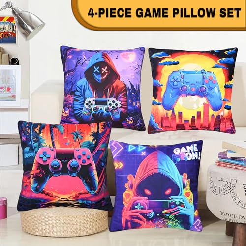 Gaming Pillow Covers for Teen Boys - 4-Pack 18x18 Inch Flannel Decor