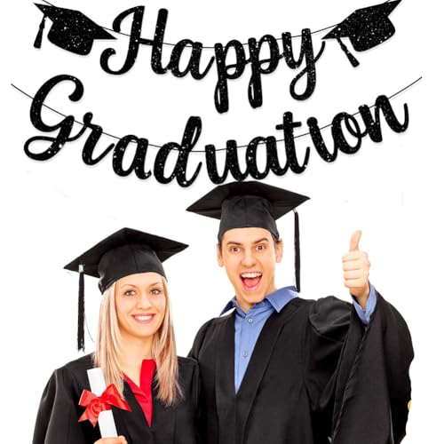 Black Glitter Happy Graduation Banner - Pre-Assembled Party Decor