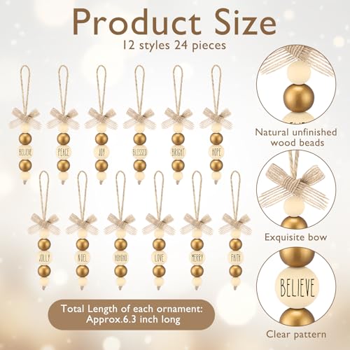 Bohemian Gold Wooden Christmas Tree Ornaments Set - Blessing Words, 24 Pieces