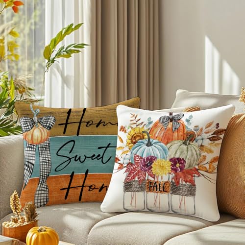 All Smiles 18x18 Fall Throw Pillow Covers Set of 4 - Pumpkin & Floral