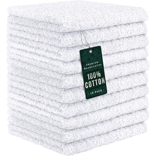 DecorRack 100% Cotton Washcloths - 10 Pack, 12x12 in, White