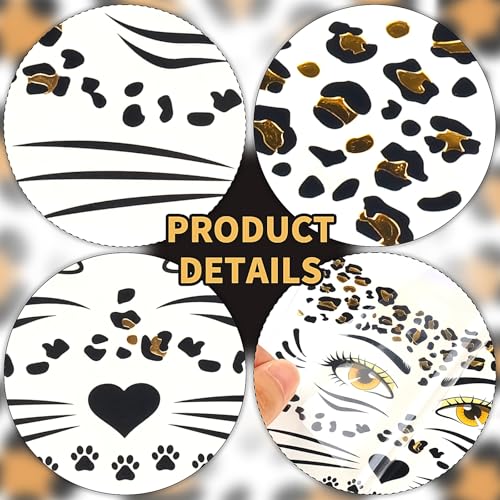 Leopard Face Temporary Tattoos 2-Sheet Halloween Fake Tattoos for Kids and Adults