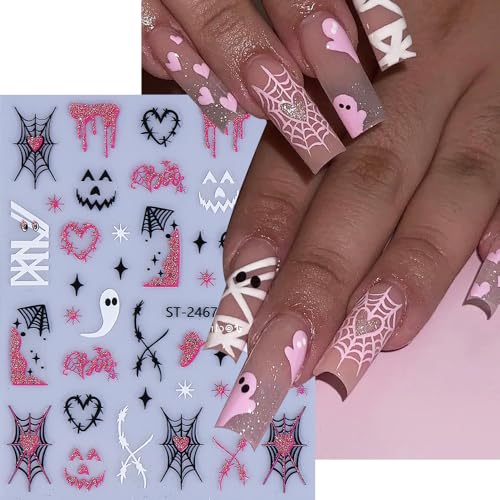 Pink Halloween Nail Art Stickers 3D Self-Adhesive Ghost Skull Decals 6 Sheets