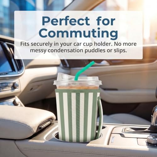 ArtSocket 3-Pack Iced Coffee Sleeves with Handle - Sage Stripes, 16oz-32oz Reusable Insulated Cup Sleeves