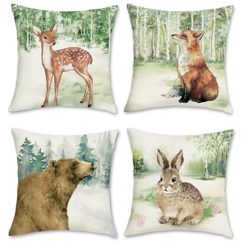 Bonhause Forest Animals Pillow Covers Set of 4 - 18x18 Inch Decorative Cases