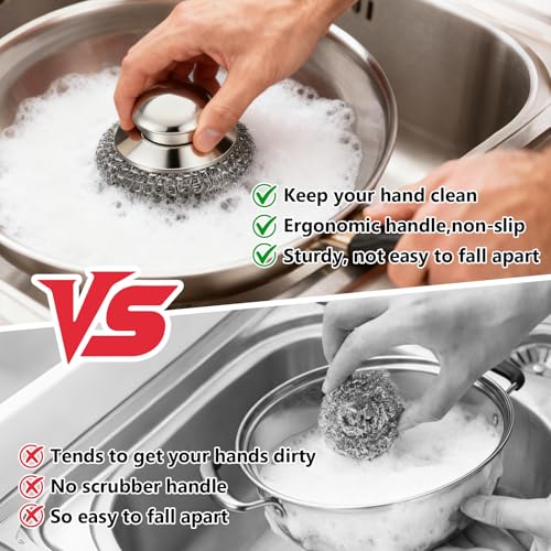 Stainless Steel Wool Scrubber with Handle - 1 Handle & 3 Replacement Pads