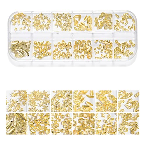 WEILUSI 3D Gold Metal Nail Art Charms Shell and Starfish Studs Mix