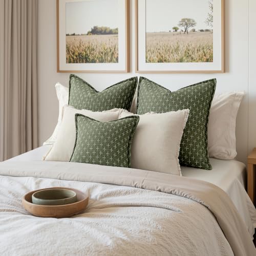 MIULEE Olive Green Burlap Linen Throw Pillow Covers 18x18" - Set of 2