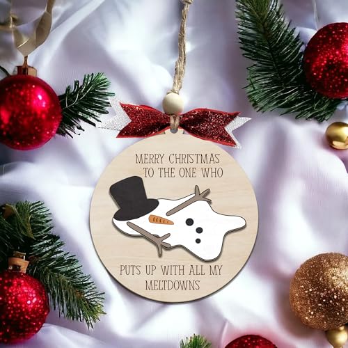 Funny Snowman Christmas Ornament - Wooden Round Holiday Decoration