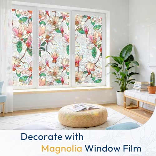 rabbitgoo Magnolia Stained Glass Window Privacy Film 17.5" x 78.7" - Rainbow Light Effect