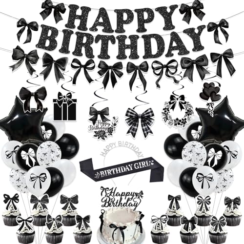 Black Bow Birthday Party Decorations Set - Banner, Balloons & Cake Toppers