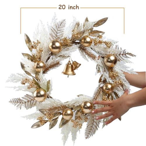 20-Inch Gold Christmas Wreath with Berries Bells and Pampas Grass for Front Door and Indoor Decor
