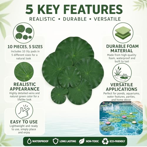 Chedin 10Pcs Floating Lily Pads Set - Realistic Foam Leaves for Ponds & Pools
