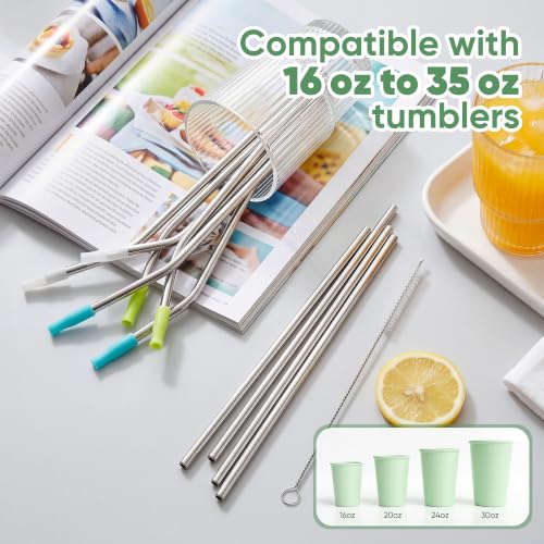 16 Pack Reusable Stainless Steel Straws with Silicone Tips & Cleaning Brushes