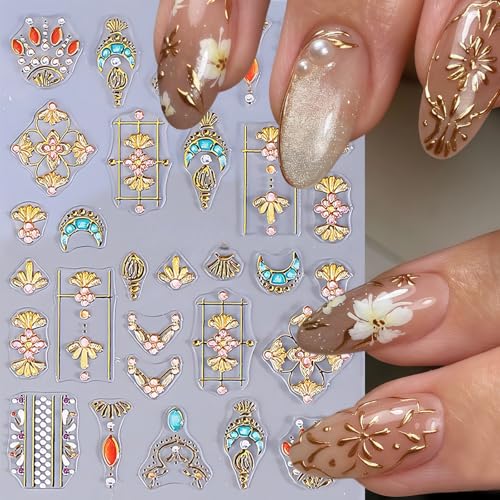 CnSybaris 5D Bohemian Nail Stickers - Metallic Gold Sun, Moon & Star Decals (2 Sheets)