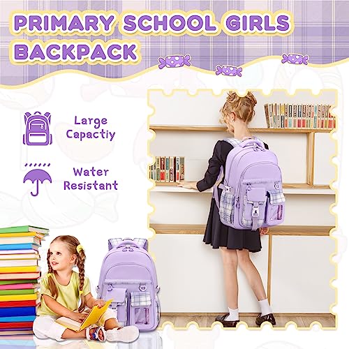 Kawaii Girls School Backpack with Luggage Strap - Purple, Lightweight