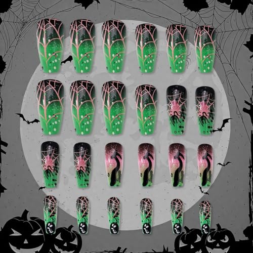 Halloween Press on Nails Medium Ballet Spider Web Glossy Green 24Pcs