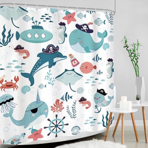 Ocean Whale Teal Blue Shower Curtain Set - 72" x 72"