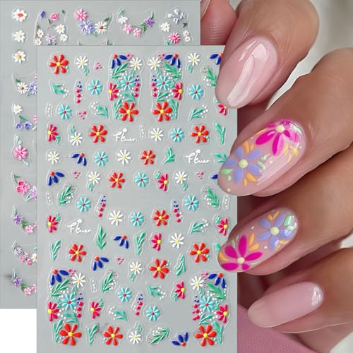 Quezadyl 5D Embossed Flower & Strawberry Nail Art Stickers - 4 Sheets Daisy Decals