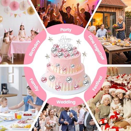 30-Piece Disco Ball Cupcake Topper Set, Pink and Silver Retro Party Decor