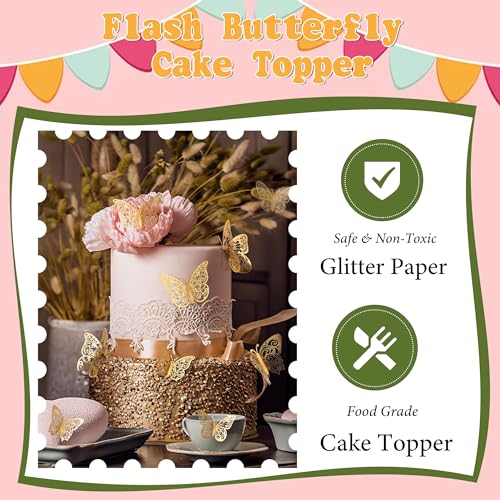 36-Pack Gold 3D Butterfly Cake Toppers for Weddings & Birthdays