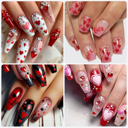 Valentine's Nail Art Stickers 6 Sheets 3D Red Pink Hearts & Bows Decals