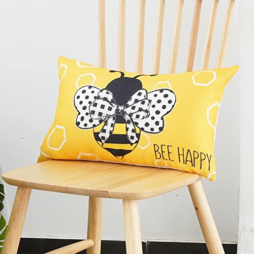 ONWAY 20x12 Inch Summer Throw Pillow Covers Set of 2 - Stripes & Polka Dots Honey Bee Yellow Decorative Lumbar Farmhouse Cushion Case for Sofa Couch Bed