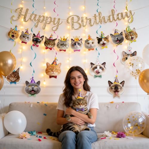 Cat Themed Happy Birthday Banner and Hanging Swirls Set - Multicolor