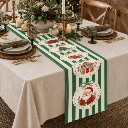 Green Stripe Candy Cane Poinsettia Christmas Table Runner 13 x 108 Inch Holiday Decor