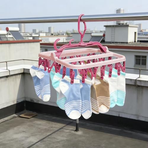 32-Clip Folding Sock Drying Rack - 360° Rotating Hanger for Laundry