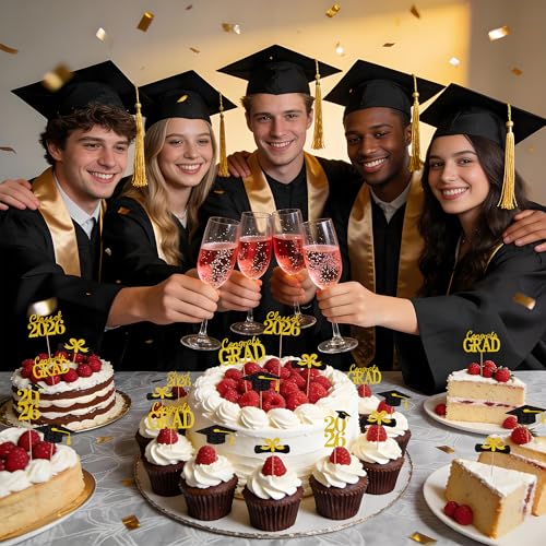 2026 Graduation Cupcake Toppers - 25 Black & Gold Picks