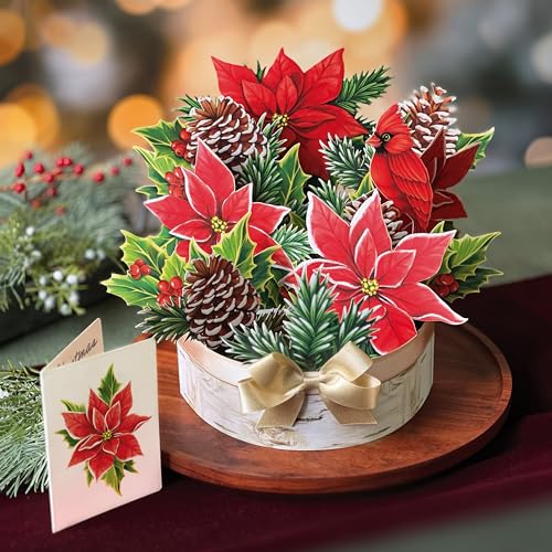 Birch Poinsettia Christmas Pop Up Card with Flower Bouquet - Classic Variation