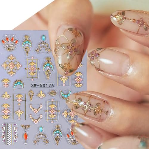 Bohemian Gold Star & Moon 5D Embossed Nail Stickers - 2 Sheets