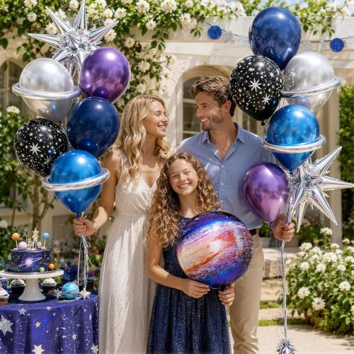 Galaxy Space Balloons Set - 35pcs Navy Blue Purple Silver Metallic Party Decorations