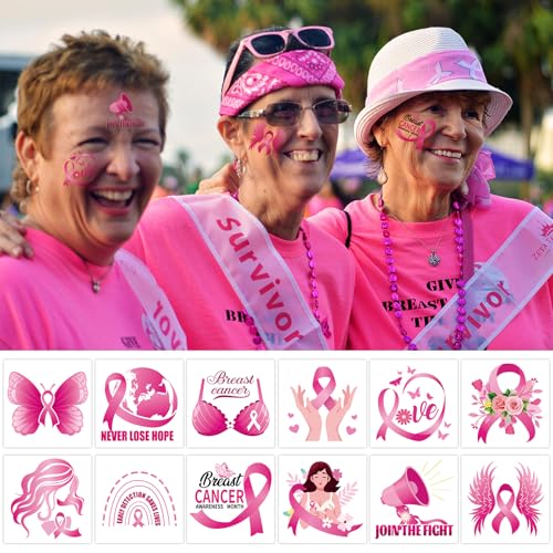 Konsait 96 PCS Breast Cancer Awareness Temporary Tattoos Ribbon Face Stickers