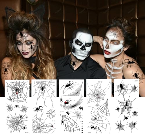 Furimuk 9 Sheets Halloween 3D Spider Web Temporary Tattoos Face Makeup