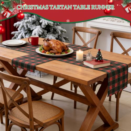 Christmas Plaid Table Runners Set - 72x13 Inch Scottish Tartan Holiday Decor - Green & Red