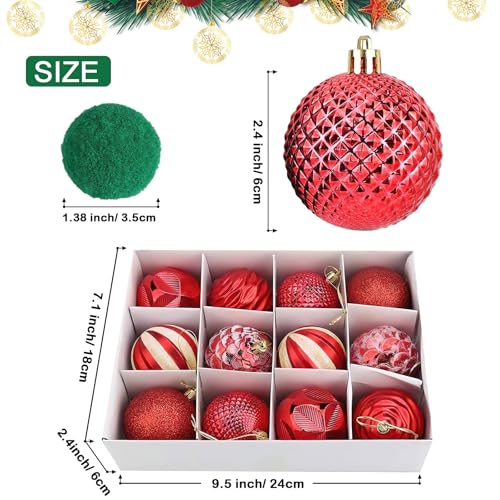 12 Pack Red Christmas Tree Ornaments 2.4 Inch Shatterproof Holiday Decoration