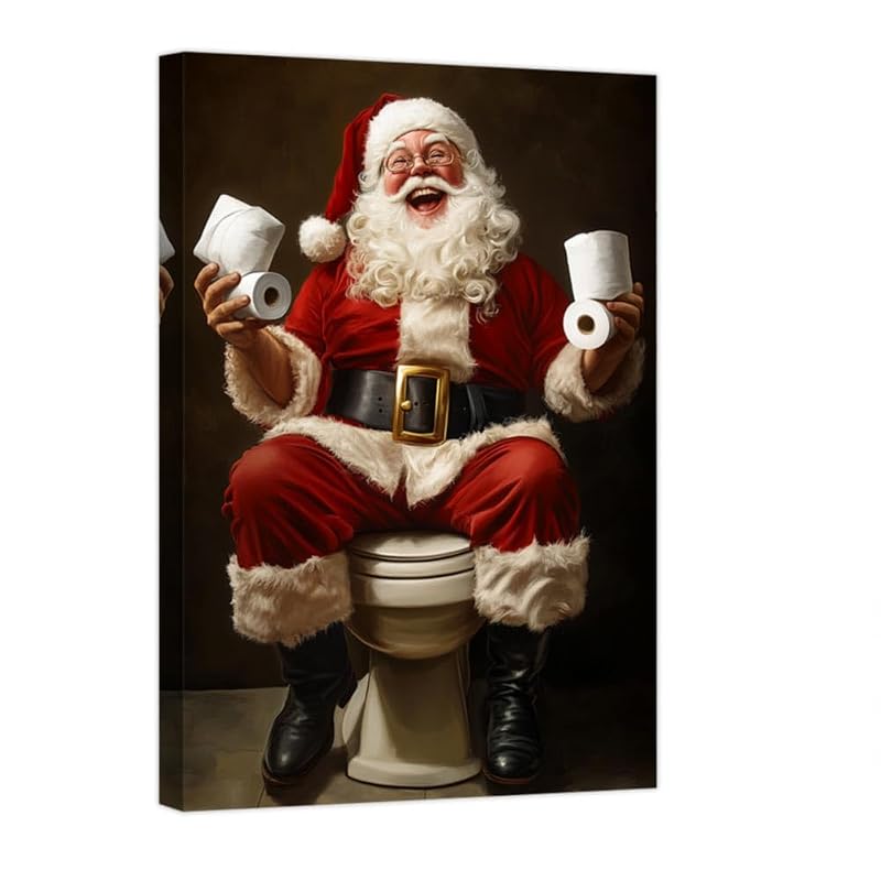 Doartdo Santa on Toilet Christmas Bathroom Wall Art - 16 x 24 Black Framed Canvas