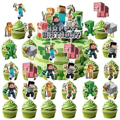 Green Pixel Miner Style Birthday Cake Toppers - 25 Pcs Party Supplies