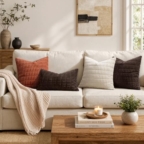 MIULEE Corduroy Throw Pillow Covers 18x18 Inch, Dark Brown Set of 2