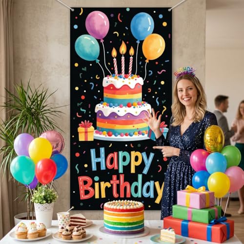 Happy Birthday Banner Backdrop, Colorful Cake Party Decor 35.4x70.9 Inch