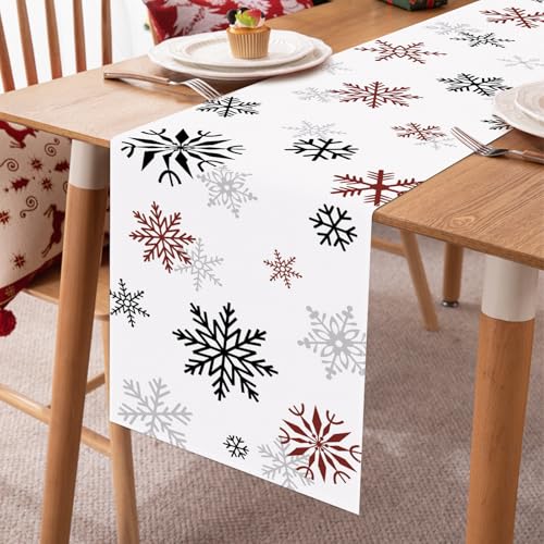 Bonhause Red & Black Snowflakes Winter Table Runner 13x90 Inch Holiday Decor