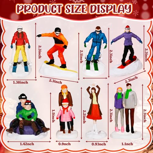 Miniature Christmas Village People Figurines Set - 8 pcs, Skating & Skiing, Variation B