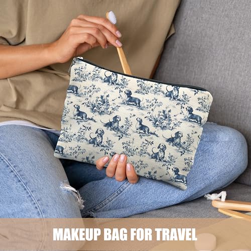 Chinoiserie Dachshund Makeup Bag Blue White Dog Canvas Toiletry Pouch