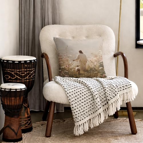 White Jesus and Lamb Pillow Cover 18x18 Christian Religious Home Decor